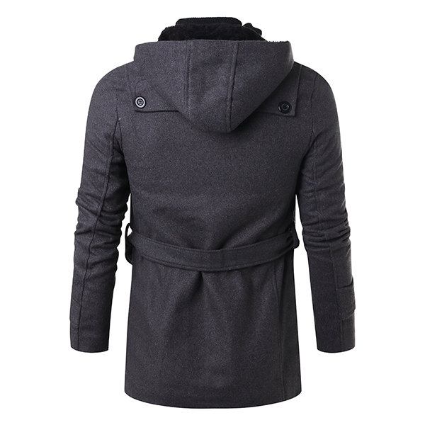 Mens Winter Warm Thicken Fleece Lining Single Breasted Mid-long Casual Hooded Trench Coat