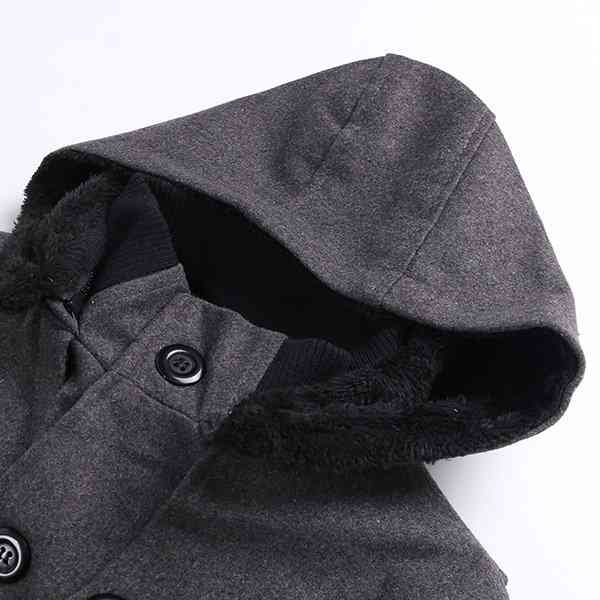 Mens Winter Warm Thicken Fleece Lining Single Breasted Mid-long Casual Hooded Trench Coat