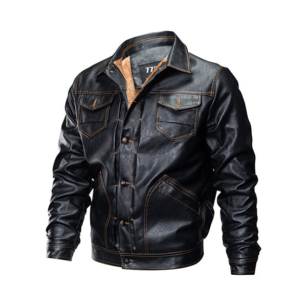 Mens Casual Moto Leather Jacket Multi Pockets Thicken Fleece Jacket