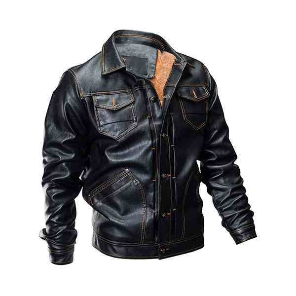 Mens Casual Moto Leather Jacket Multi Pockets Thicken Fleece Jacket