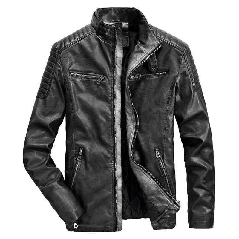 Men Leather Casual Business Thicken Inside Fleece Solid Color Stand Collar PU Jacket