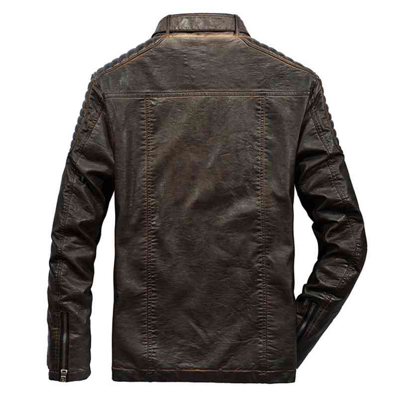 Men Leather Casual Business Thicken Inside Fleece Solid Color Stand Collar PU Jacket