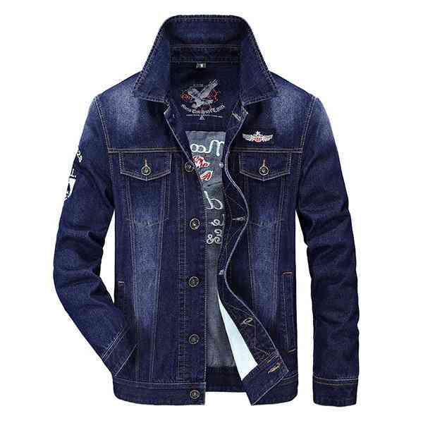 Turn Down Collar Chest Pockets Letter Printing Denim Jacket for Men