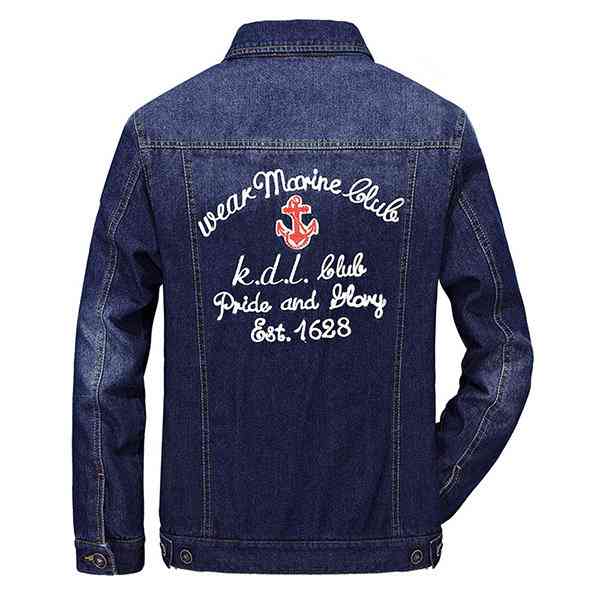 Turn Down Collar Chest Pockets Letter Printing Denim Jacket for Men