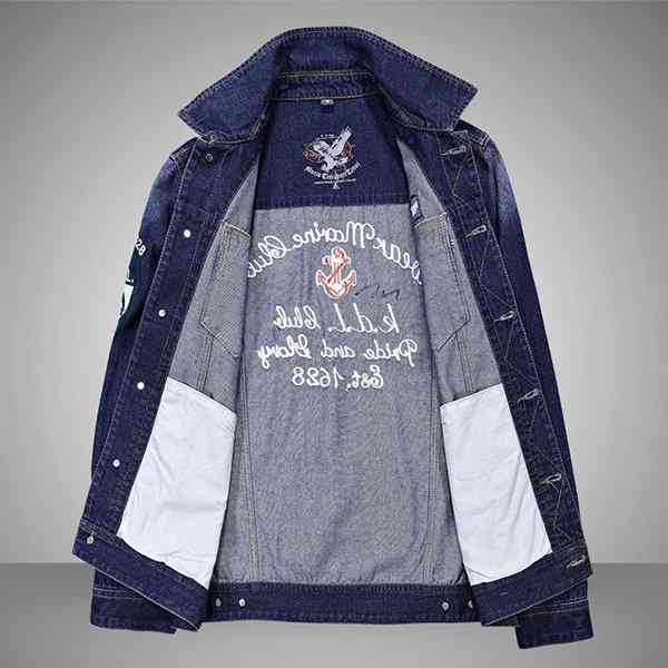 Turn Down Collar Chest Pockets Letter Printing Denim Jacket for Men