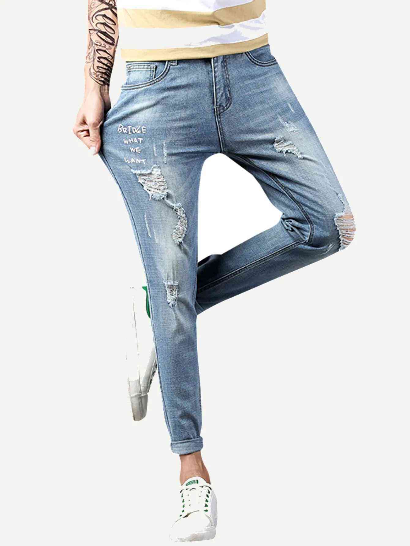 Men Rolled Hem Ripped Wash Jeans