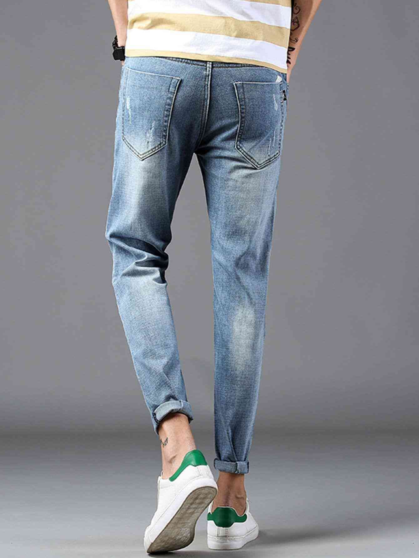 Men Rolled Hem Ripped Wash Jeans