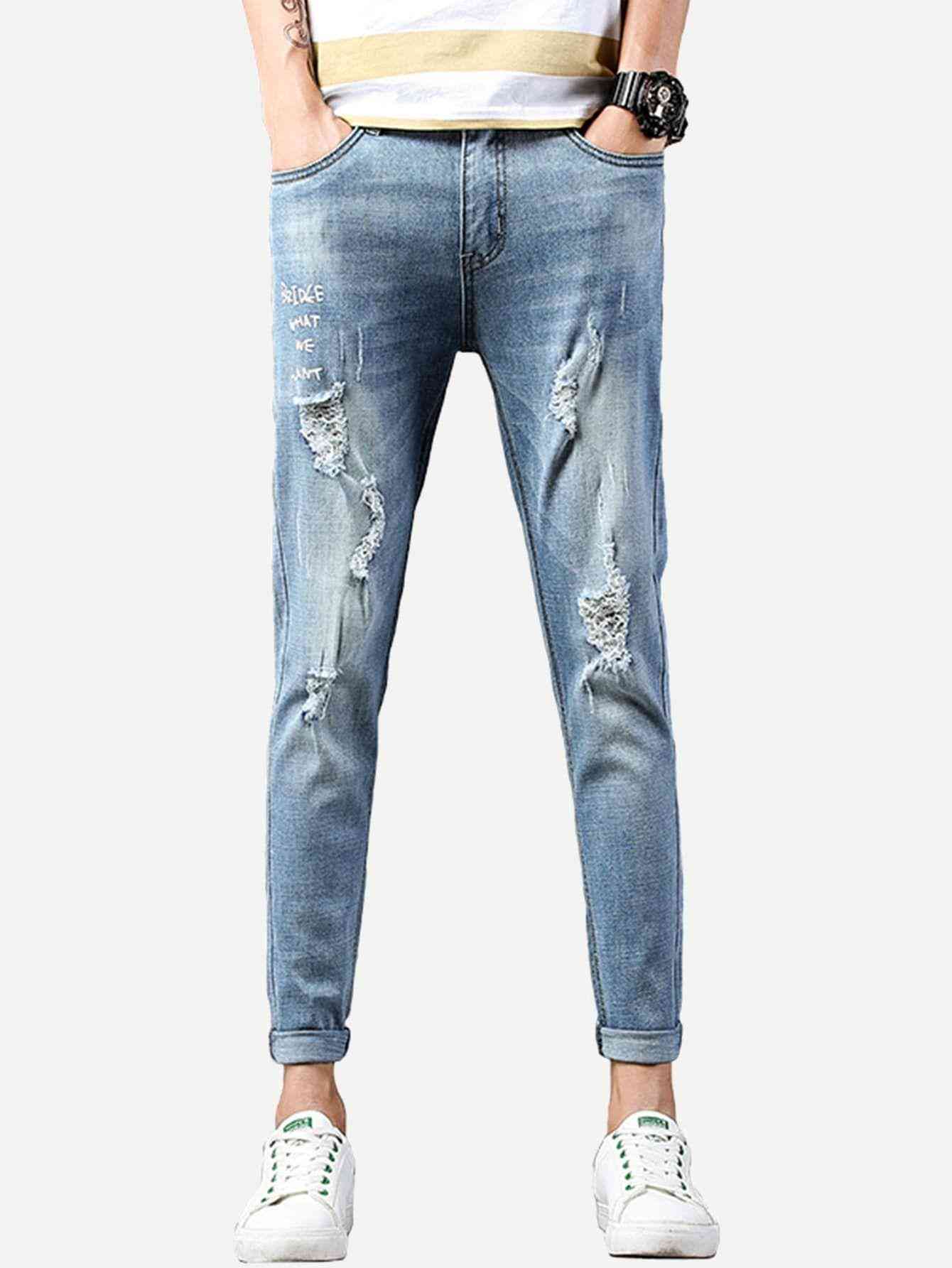 Men Rolled Hem Ripped Wash Jeans