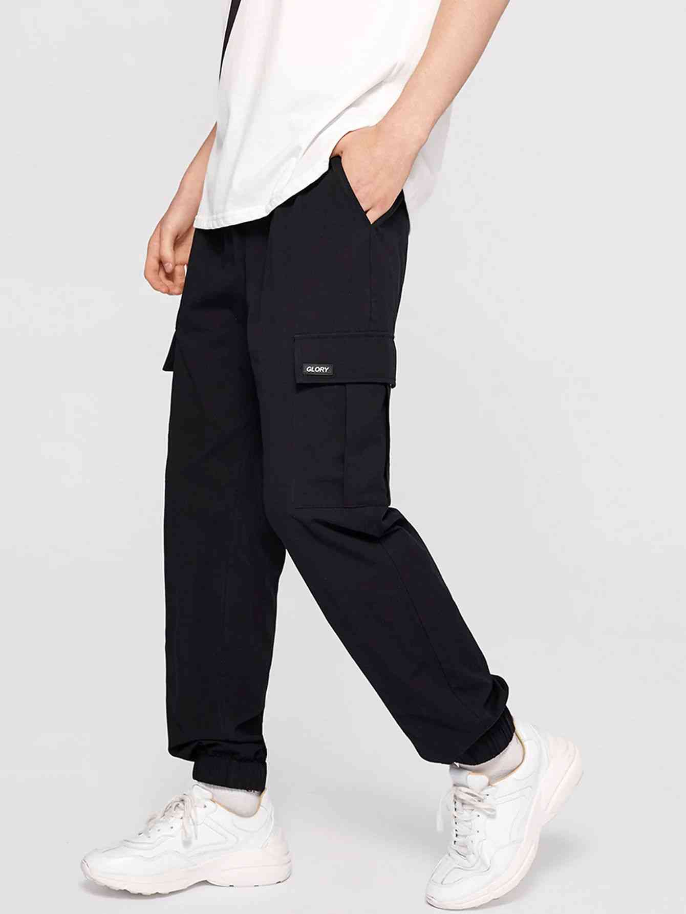 Men Elastic Waist Flap Pocket Cargo Pants