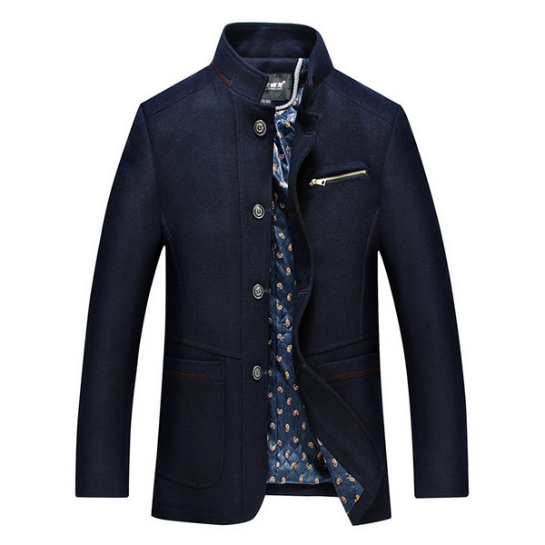 Men's Stylish Casual Business Woolen Chest Zipper Slim Fit Stand Collar Jacket