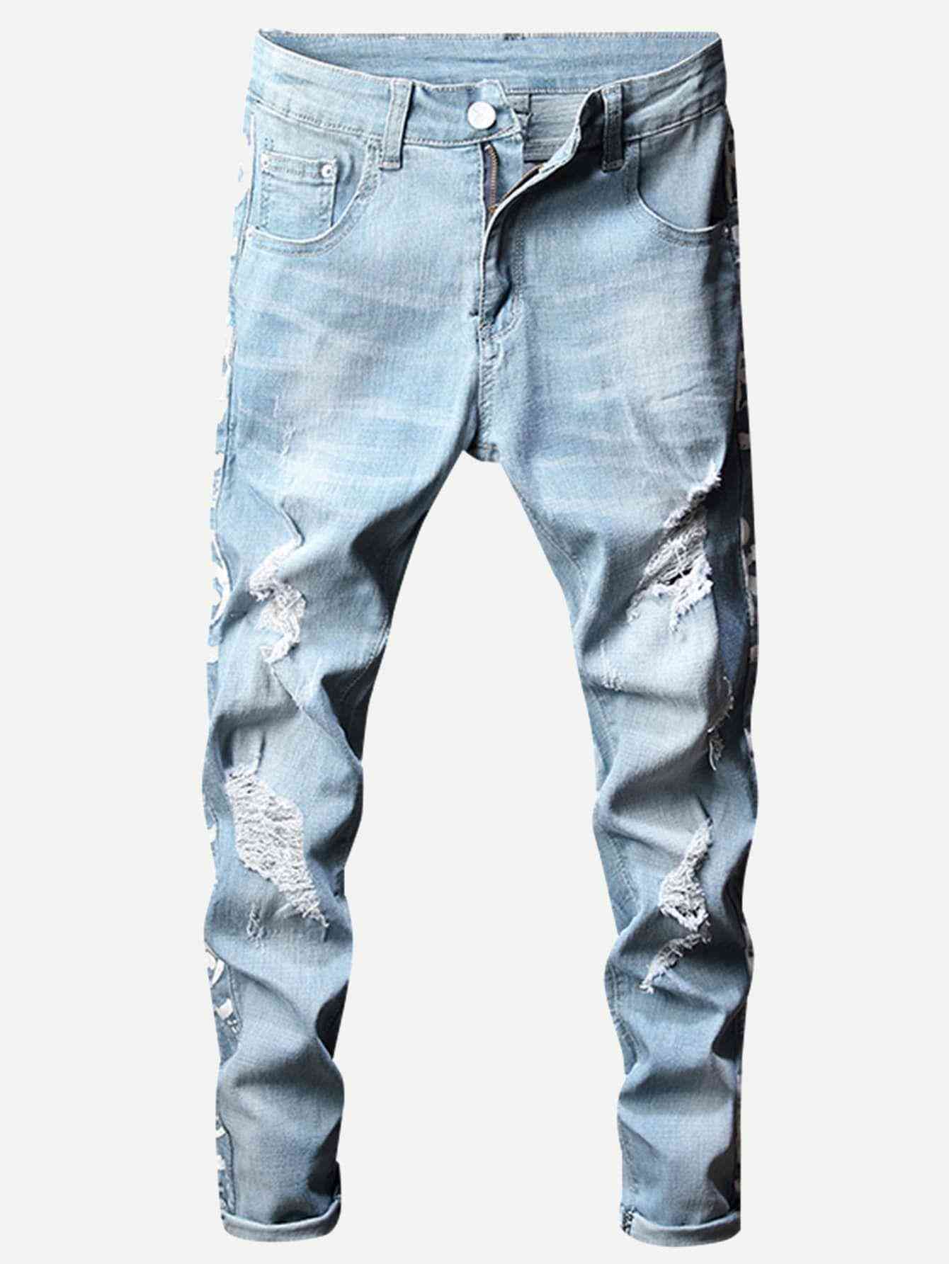 Men Letter Print Ripped Jeans