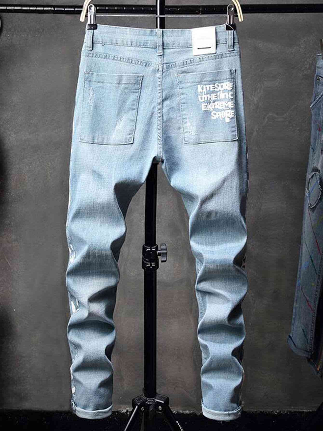 Men Letter Print Ripped Jeans