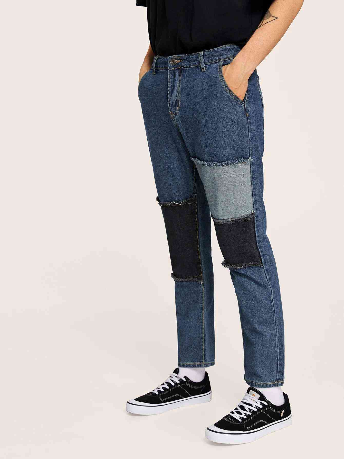 Men Raw Hem Patch Straight Jeans