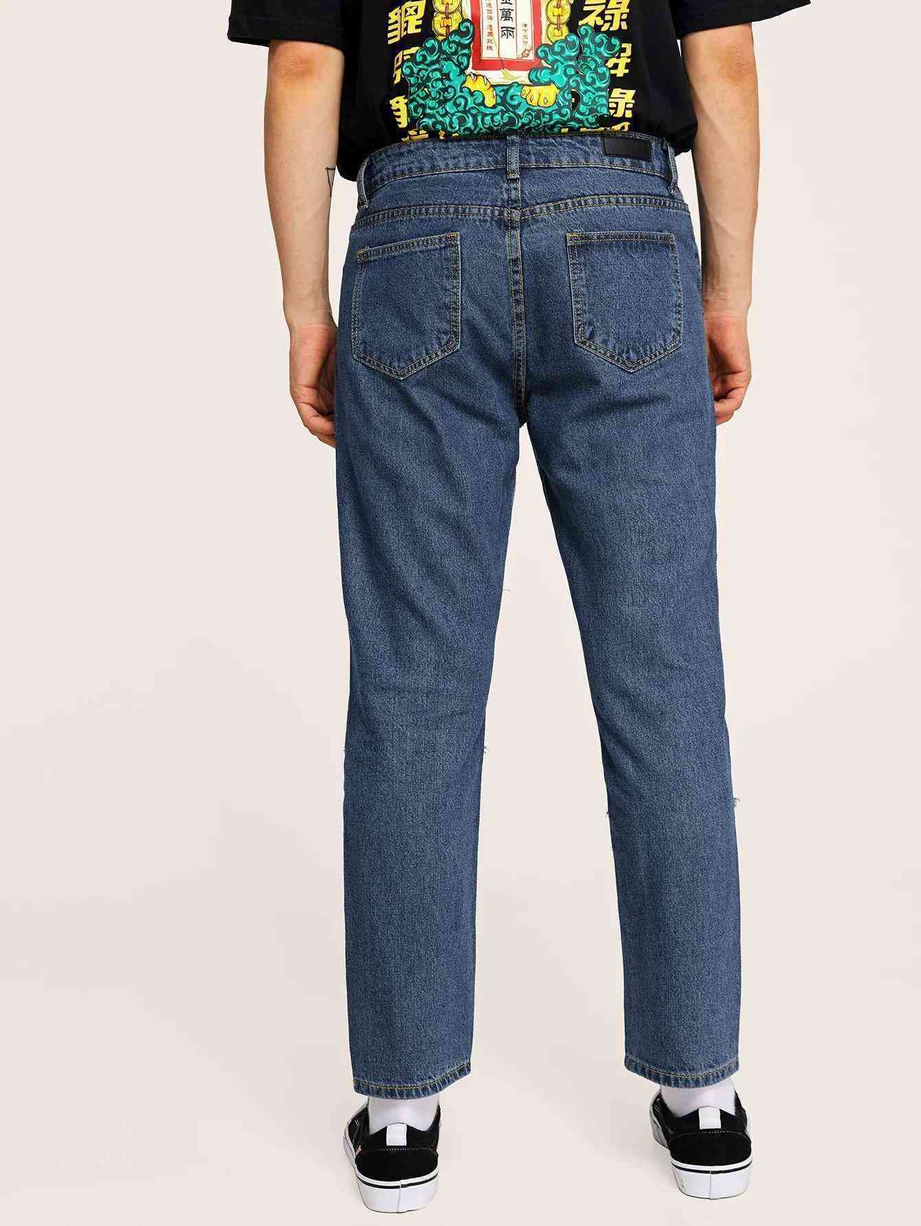 Men Raw Hem Patch Straight Jeans