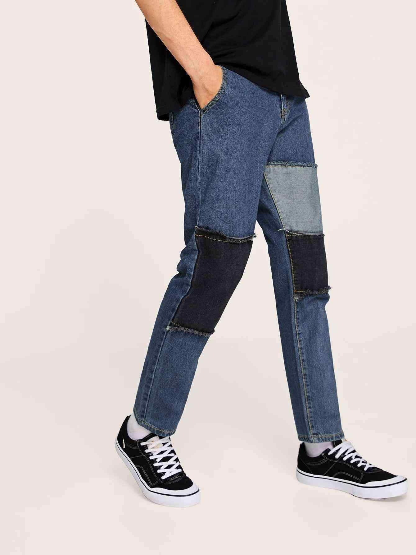 Men Raw Hem Patch Straight Jeans