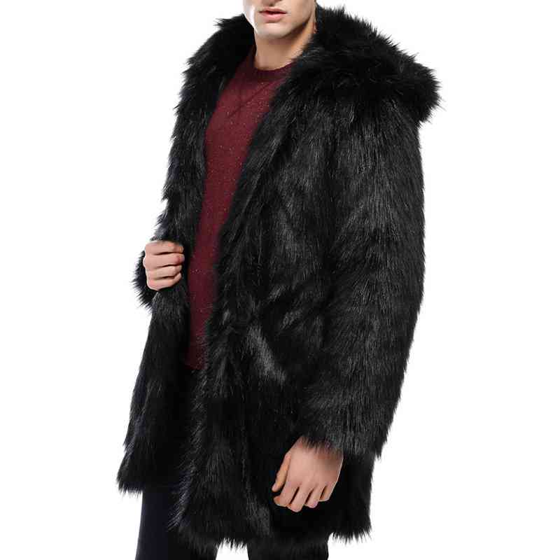 Mens Hooded Faux Fur Winter Warm Trench Coat Slim Fit Casual Black Grey Jacket