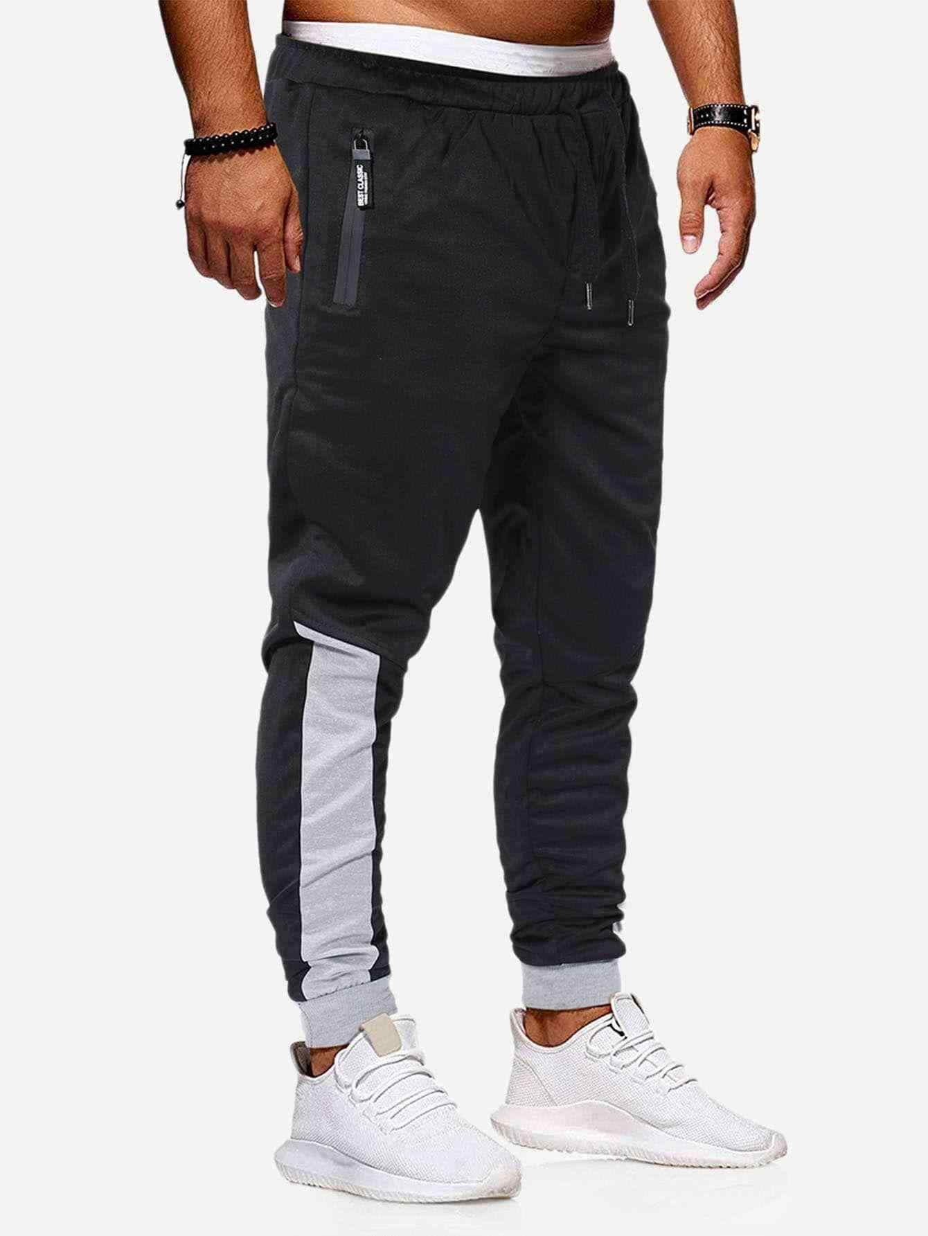 Men Contrast Panel Zipper Side Drawstring Pants