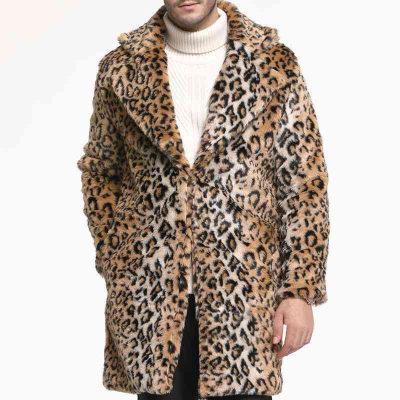 Mens Leopard Printing Faux Fur Jacket Mid-long Fleece Thick Warm Big Lapel Coat