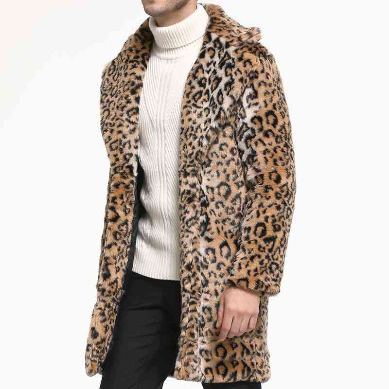 Mens Leopard Printing Faux Fur Jacket Mid-long Fleece Thick Warm Big Lapel Coat