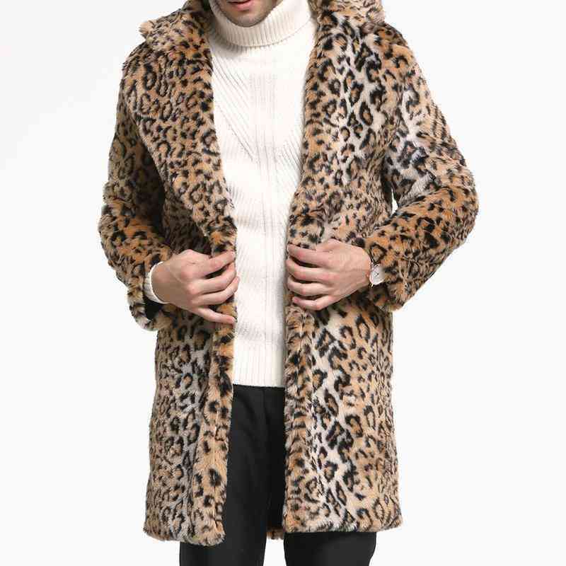 Mens Leopard Printing Faux Fur Jacket Mid-long Fleece Thick Warm Big Lapel Coat