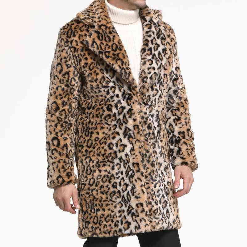 Mens Leopard Printing Faux Fur Jacket Mid-long Fleece Thick Warm Big Lapel Coat