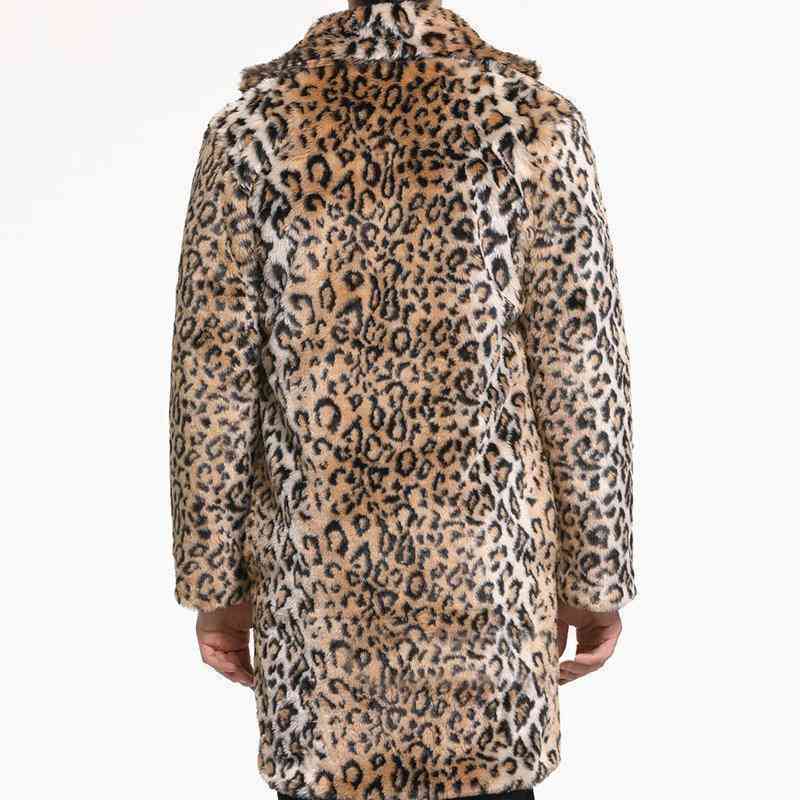 Mens Leopard Printing Faux Fur Jacket Mid-long Fleece Thick Warm Big Lapel Coat