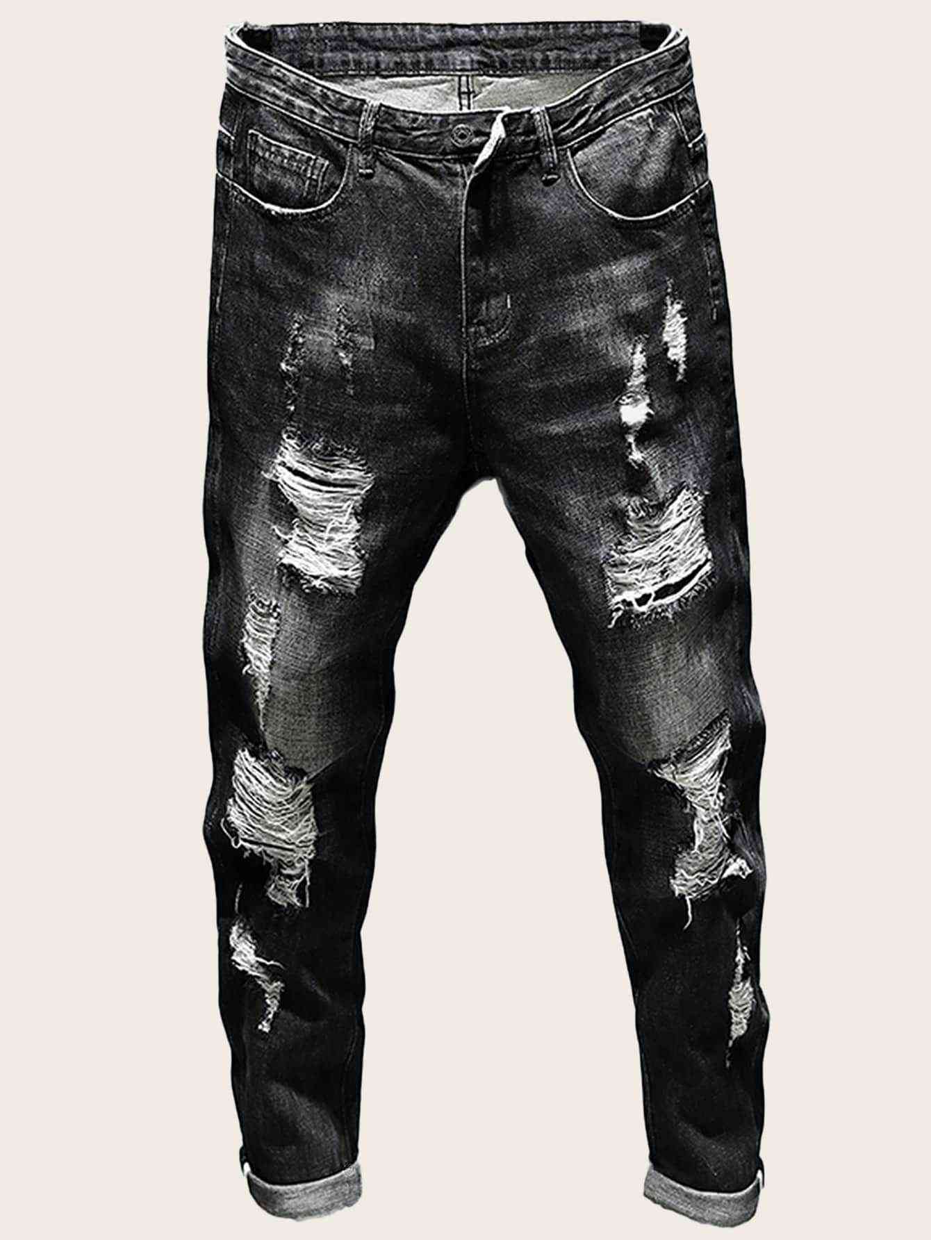 Men Ripped Roll Up Hem Skinny Jeans