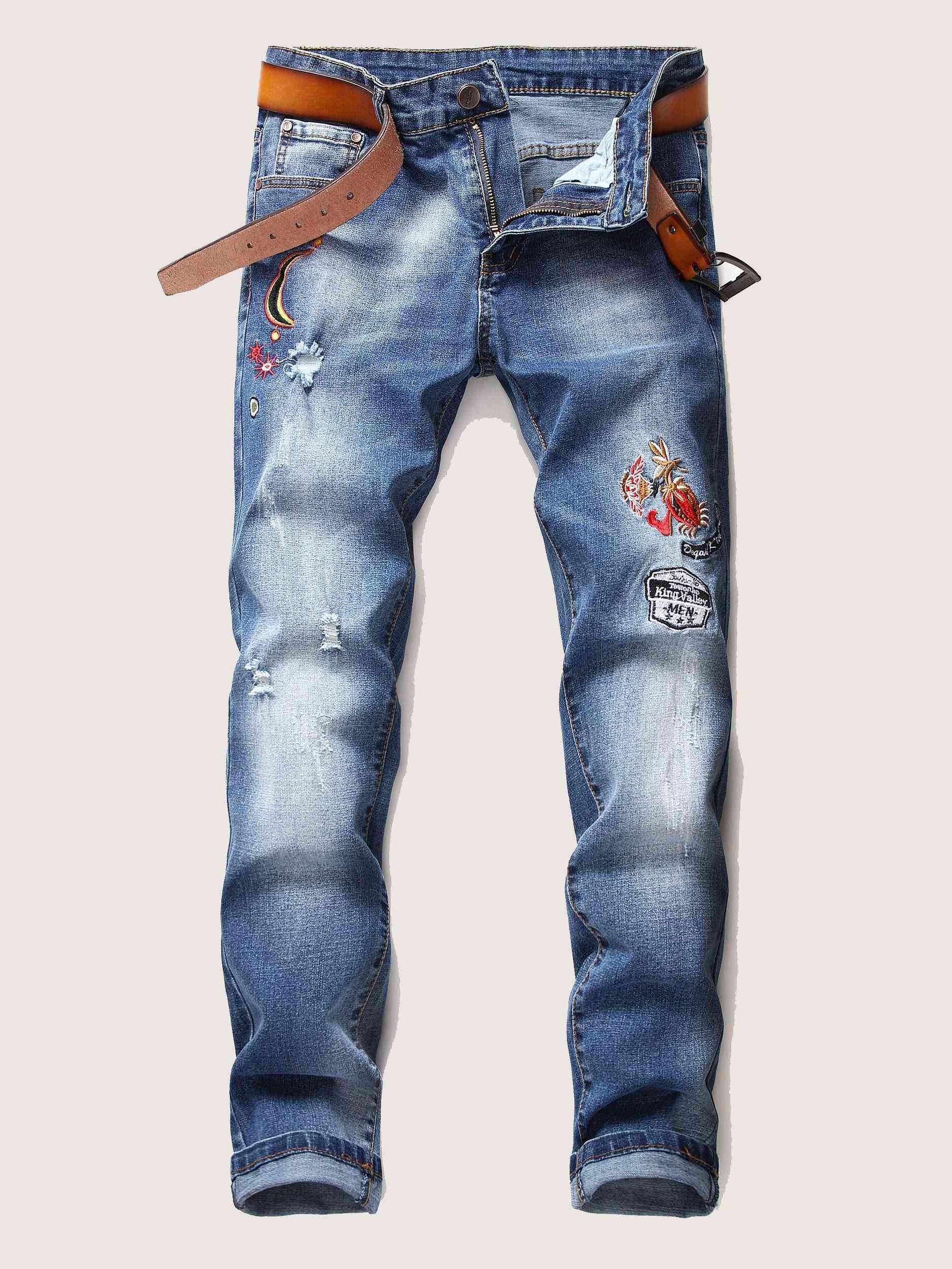 Men Ripped Embroidery Jeans