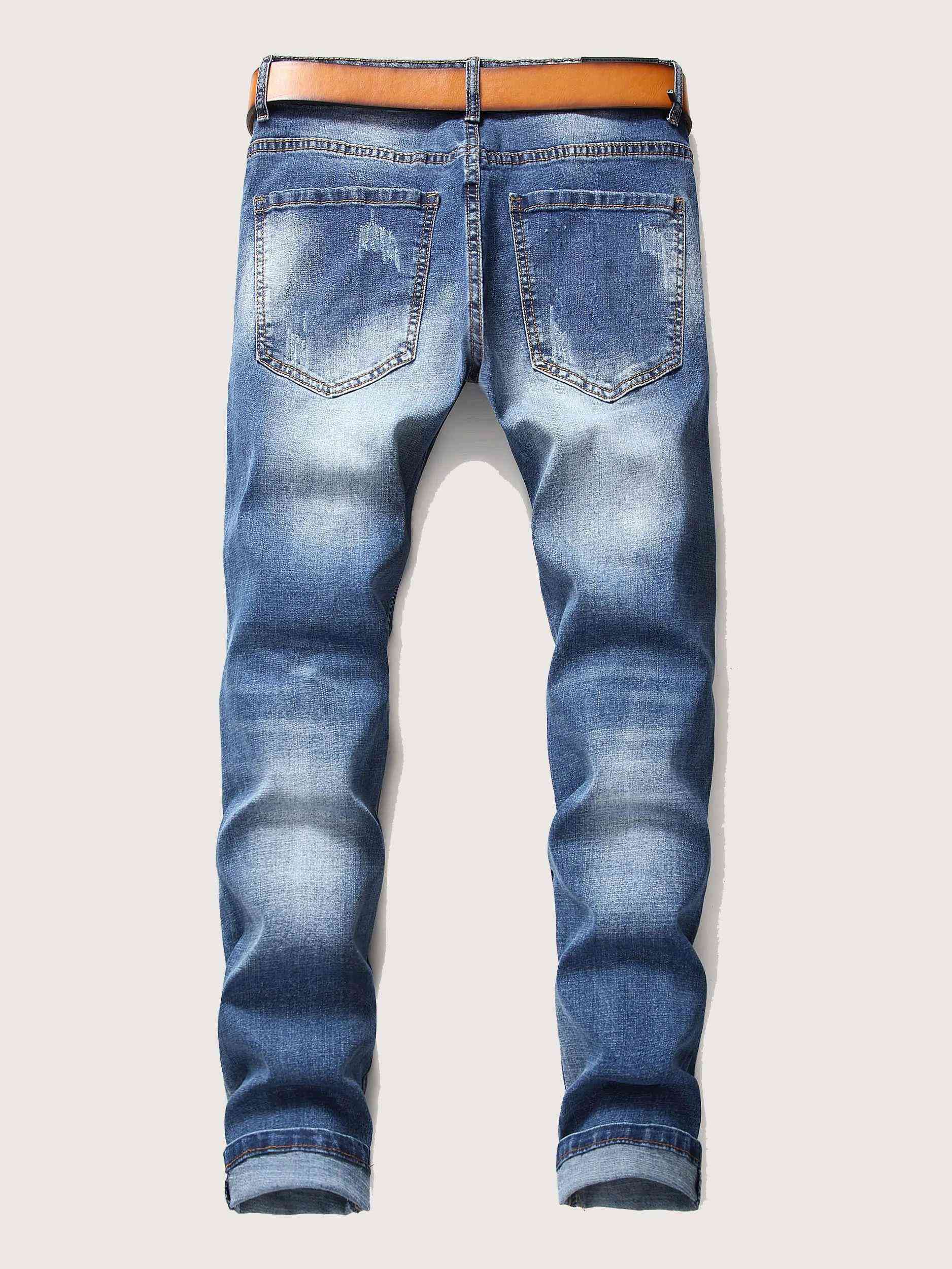 Men Ripped Embroidery Jeans