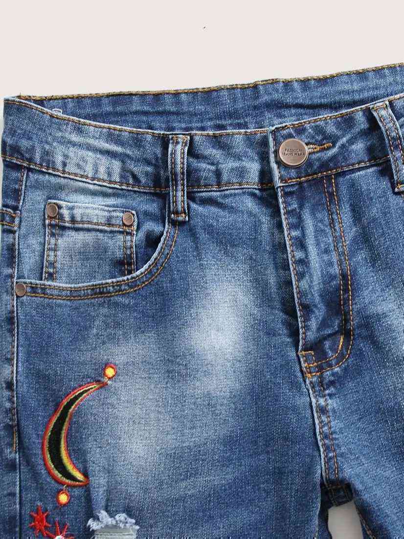 Men Ripped Embroidery Jeans