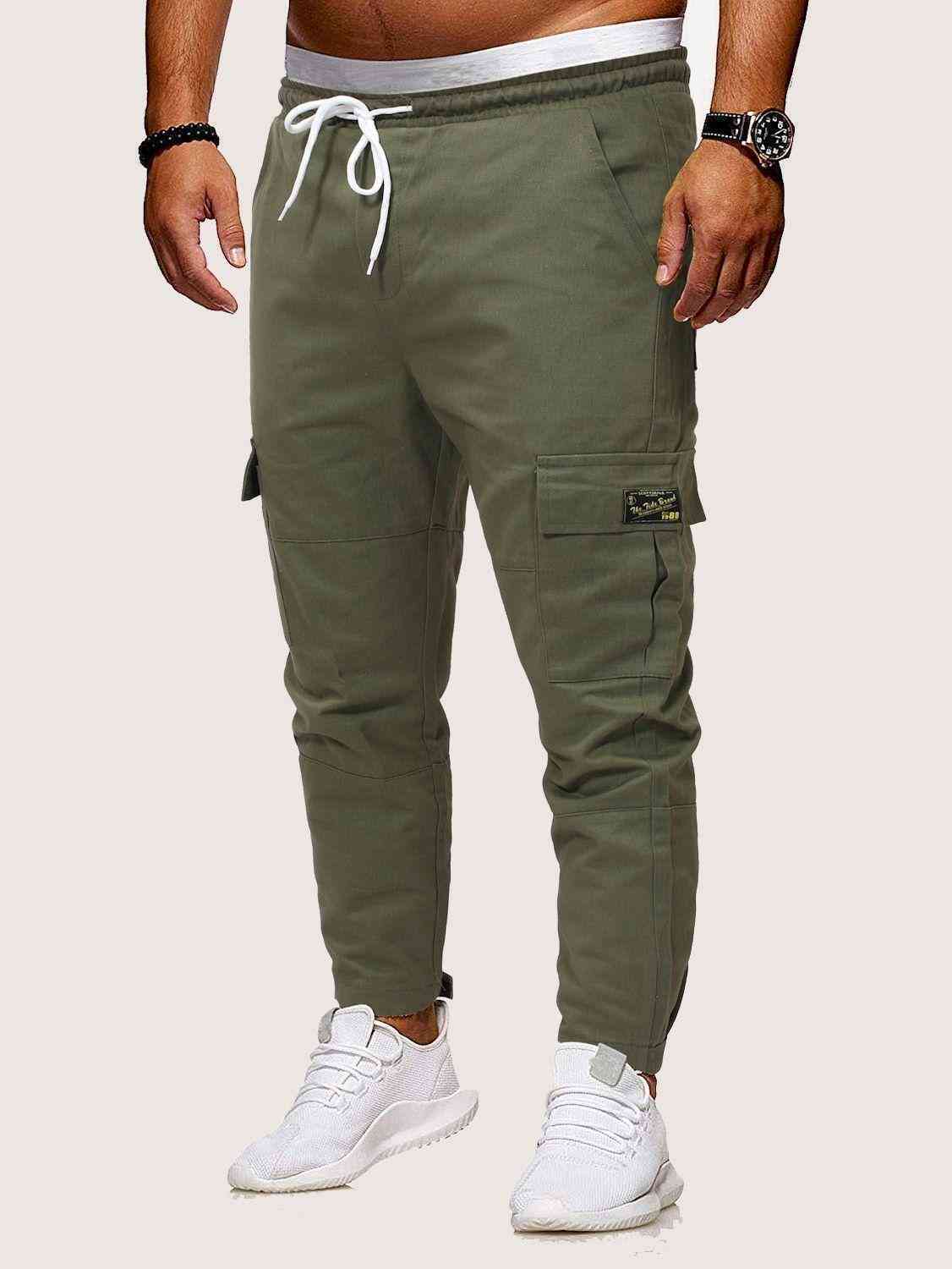 Men Drawstring Waist Pocket Side Cargo Pants