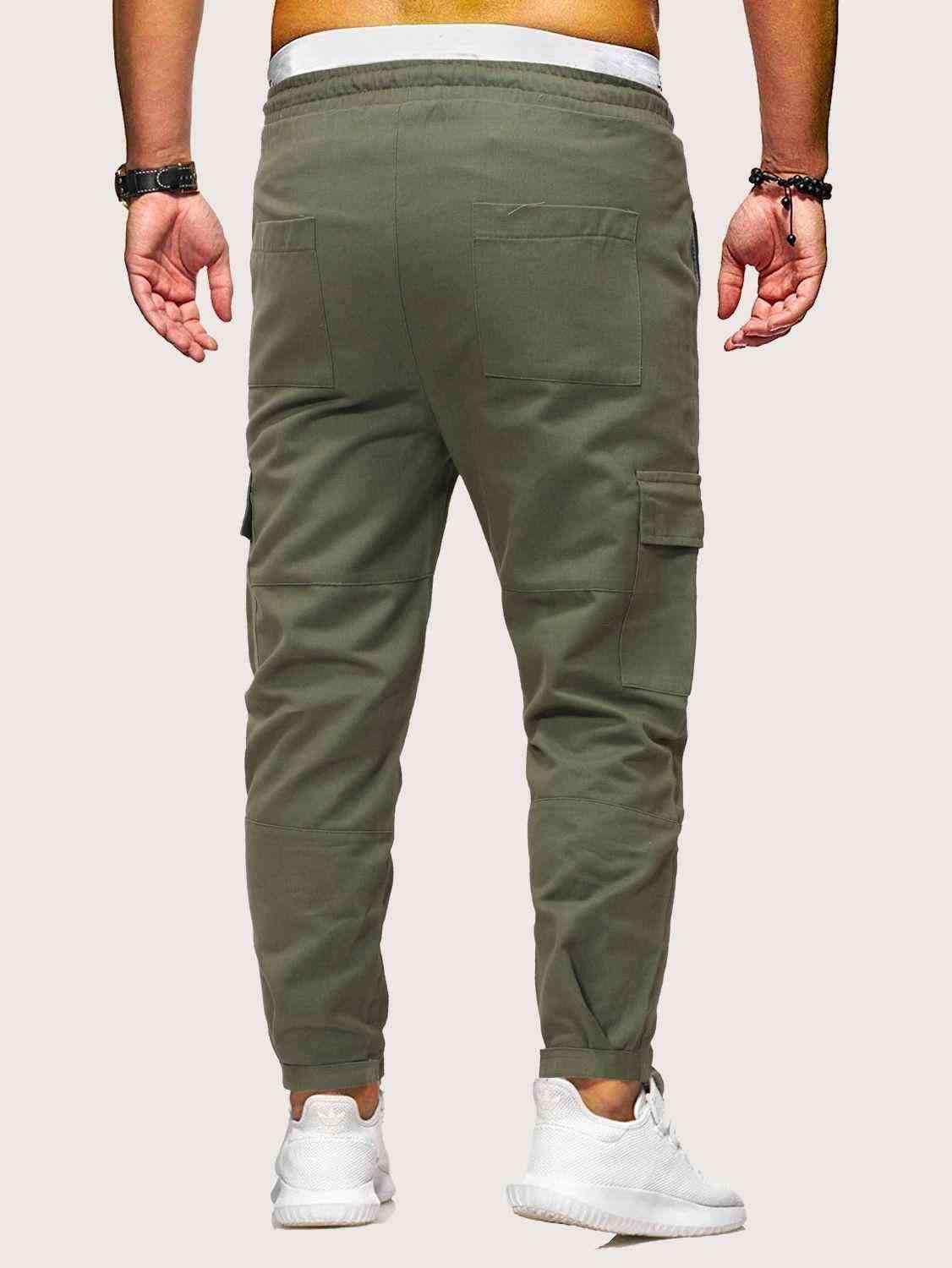 Men Drawstring Waist Pocket Side Cargo Pants