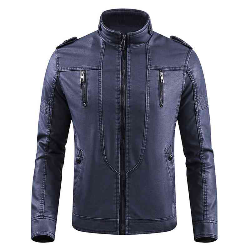 Mens Outdoor Inside Fleece Thicken Multi-Pocket Epaulets Motorcycle PU Leather Jacket