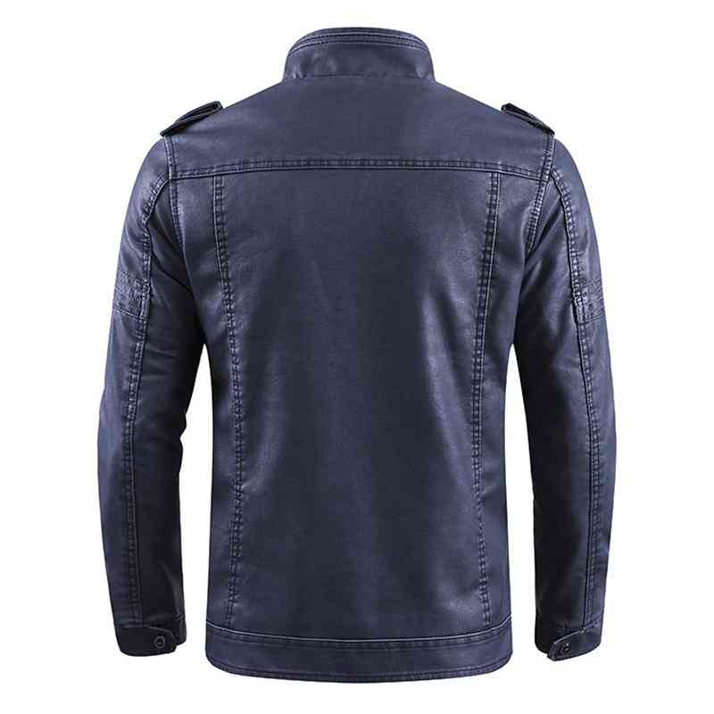 Mens Outdoor Inside Fleece Thicken Multi-Pocket Epaulets Motorcycle PU Leather Jacket