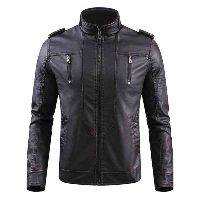 Mens Outdoor Inside Fleece Thicken Multi-Pocket Epaulets Motorcycle PU Leather Jacket