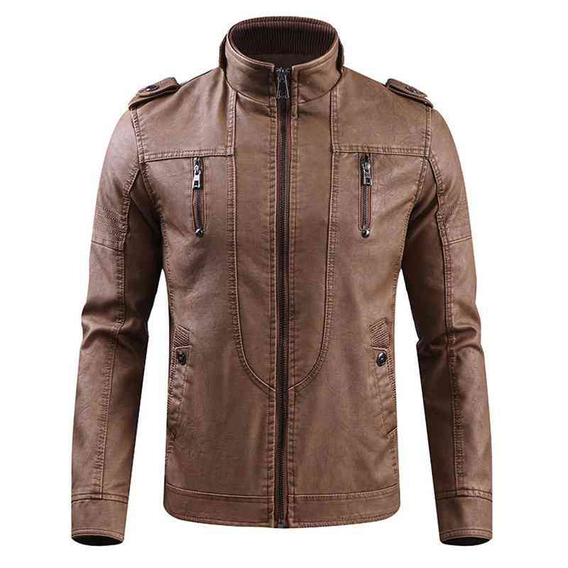 Mens Outdoor Inside Fleece Thicken Multi-Pocket Epaulets Motorcycle PU Leather Jacket