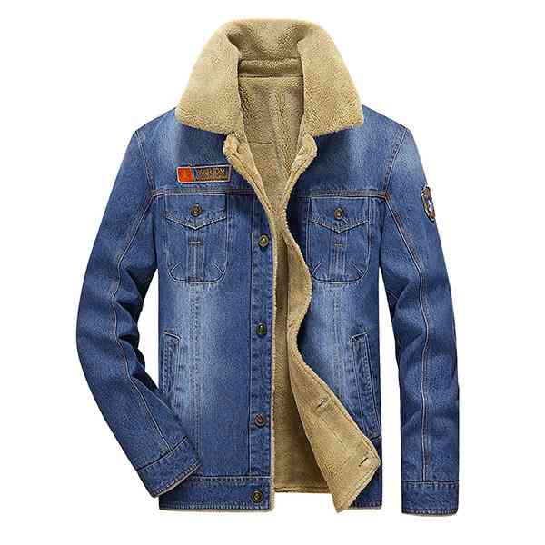 Winter Casual Thicken Warm Denim Jacket Multi Pockets Turn-Down Collar Coat for Men