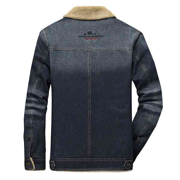 Winter Casual Thicken Warm Denim Jacket Multi Pockets Turn-Down Collar Coat for Men