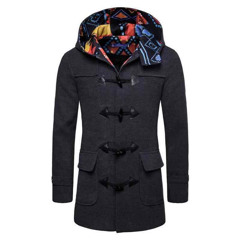 Mens Horn Buckle Hooded Jacket Mid-Length Slim Fit Casual Woolen Trench Coat