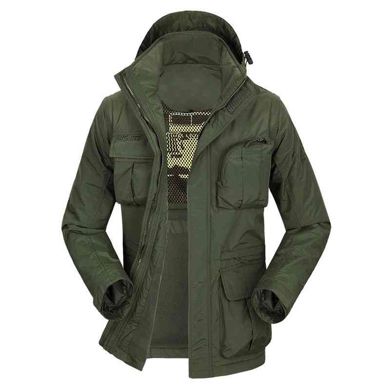 Mens Outdoor Multi-pocket Detachable Fishing Vest Fleece Lining Water-repellent Sport Hooded Jacket