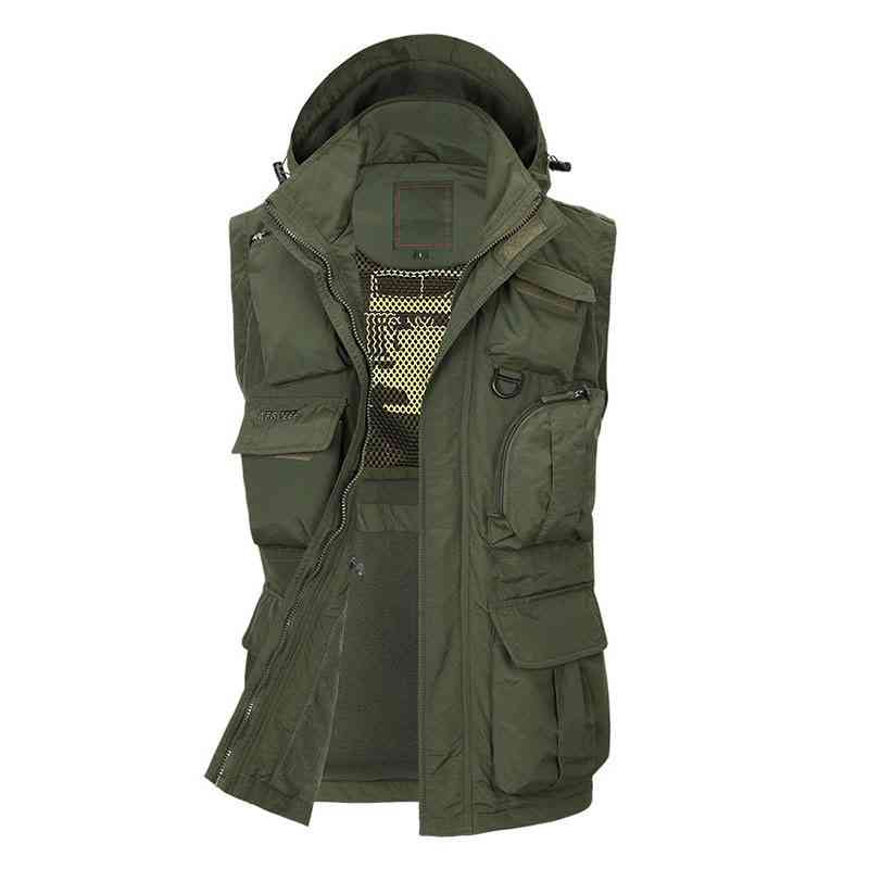 Mens Outdoor Multi-pocket Detachable Fishing Vest Fleece Lining Water-repellent Sport Hooded Jacket