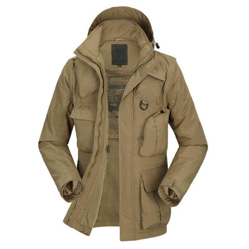 Mens Outdoor Multi-pocket Detachable Fishing Vest Fleece Lining Water-repellent Sport Hooded Jacket