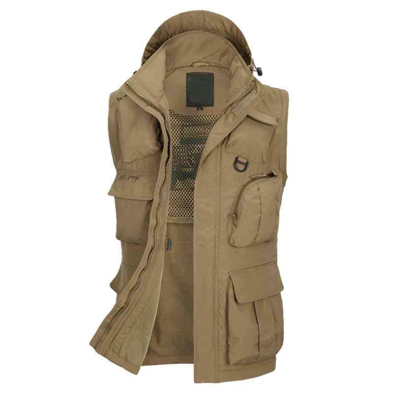 Mens Outdoor Multi-pocket Detachable Fishing Vest Fleece Lining Water-repellent Sport Hooded Jacket