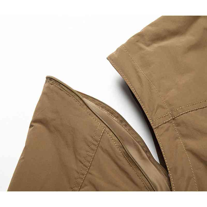 Mens Outdoor Multi-pocket Detachable Fishing Vest Fleece Lining Water-repellent Sport Hooded Jacket