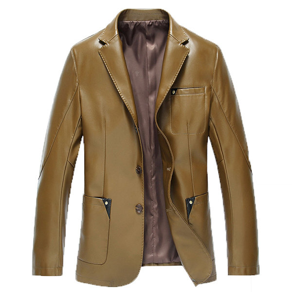 Fashion Pure Color Chest Pocket Blazers Faux Leather Jacket for Men