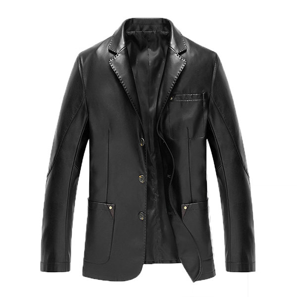 Fashion Pure Color Chest Pocket Blazers Faux Leather Jacket for Men