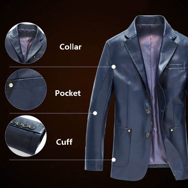 Fashion Pure Color Chest Pocket Blazers Faux Leather Jacket for Men