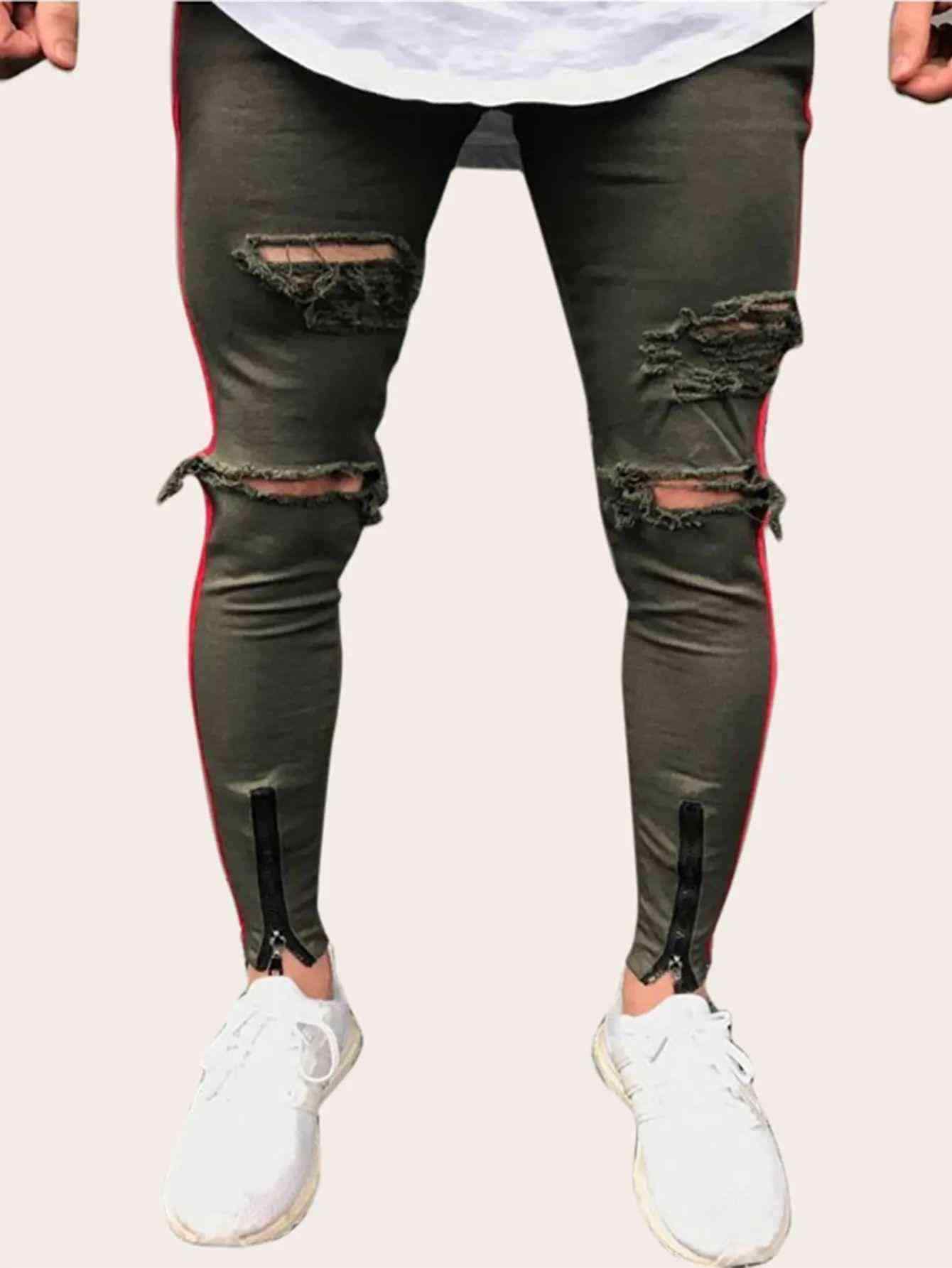 Men Contrast Tape Side Destroyed Jeans