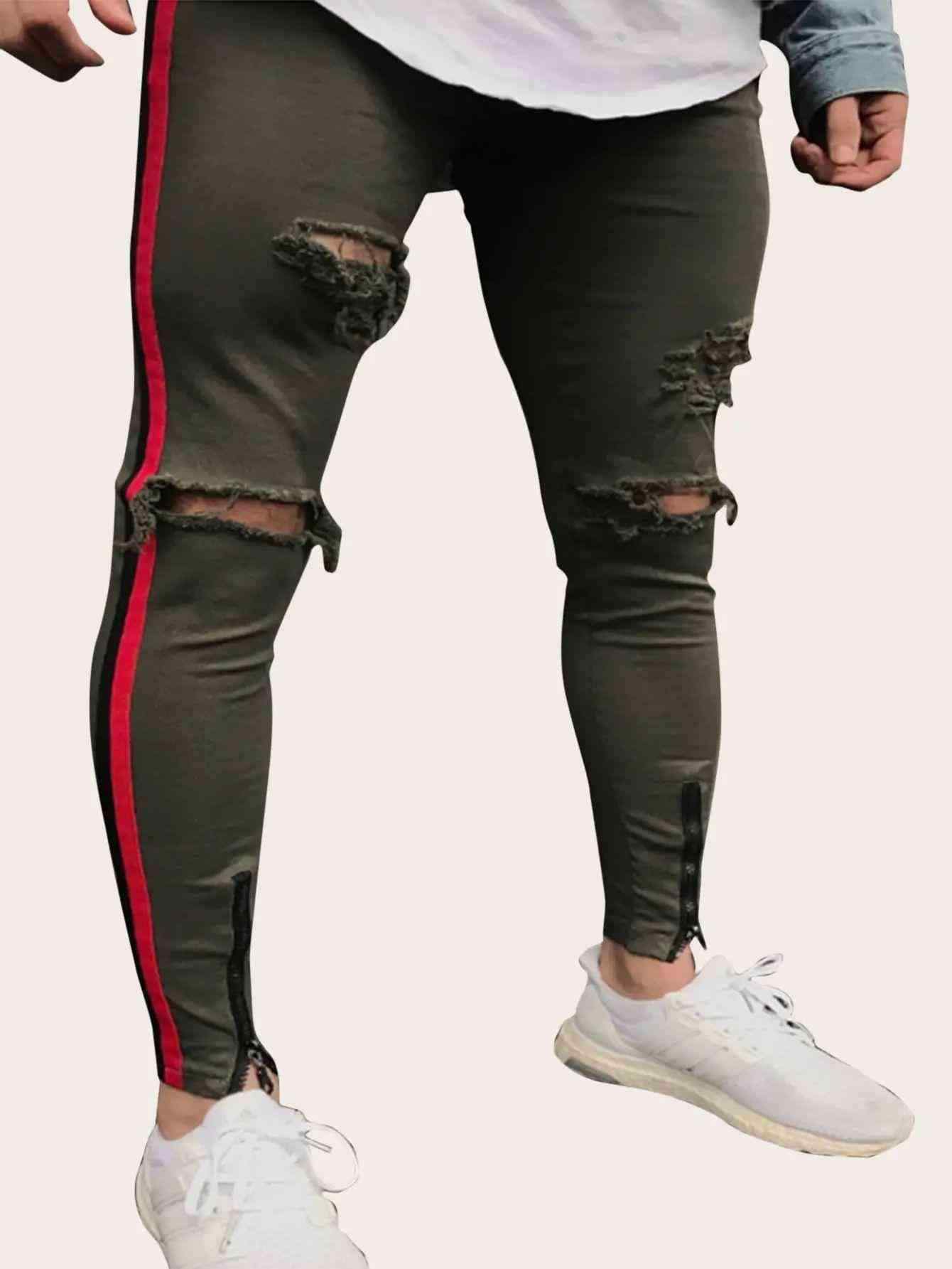 Men Contrast Tape Side Destroyed Jeans