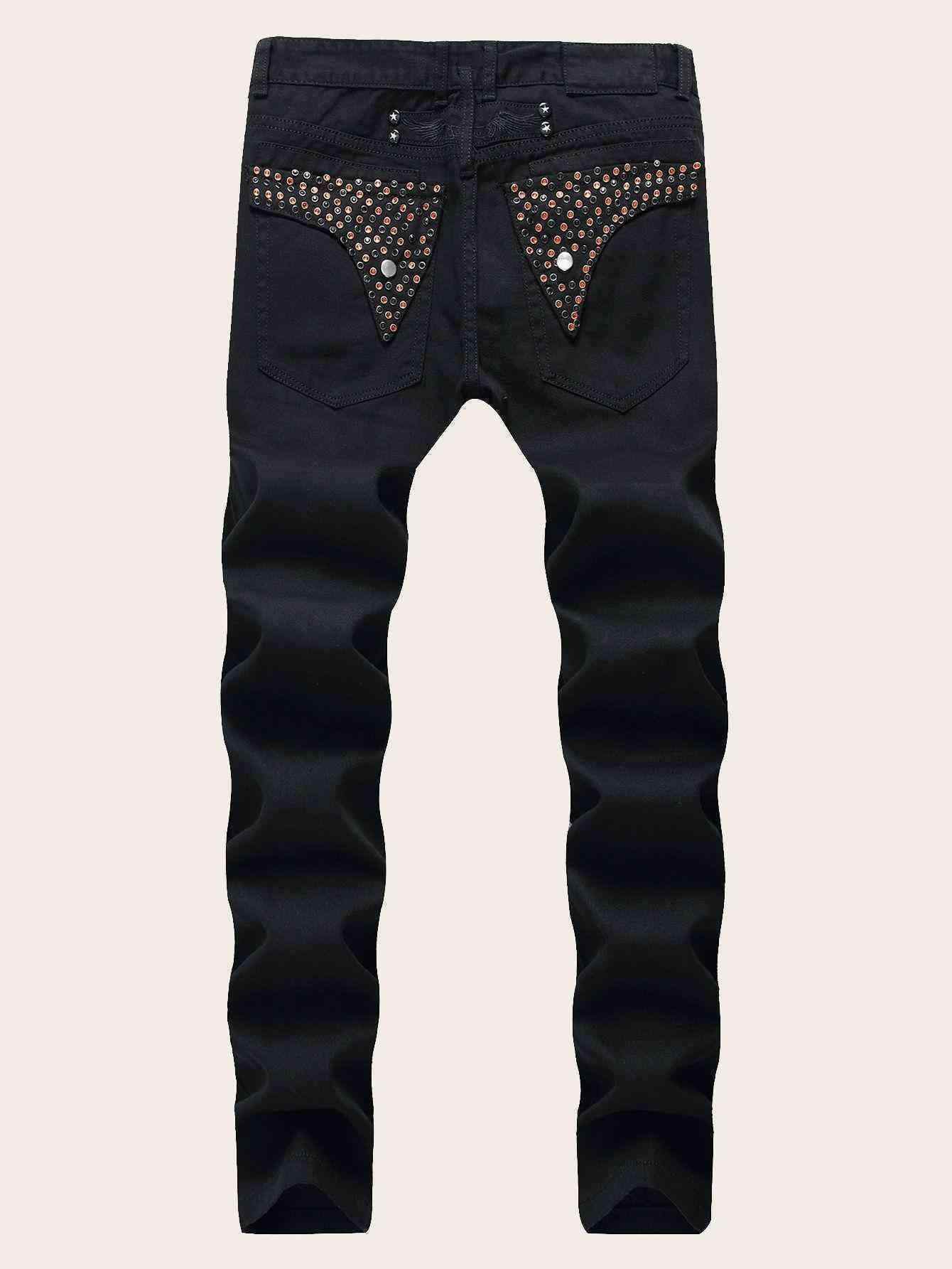 Men Beaded Pocket Jeans